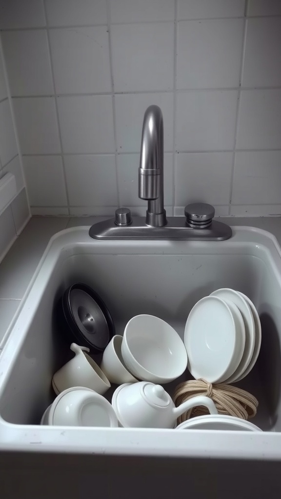 A deep farmhouse sink filled with various dishes and utensils.