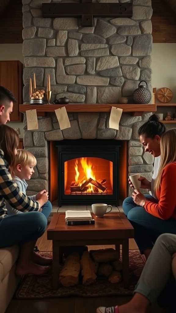 A cozy scene of a family sitting by a wood-burning fireplace, enjoying the warmth and glow of the fire.