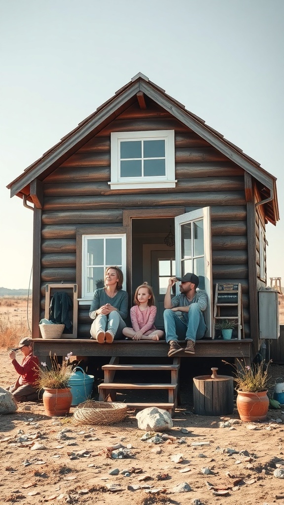 A rustic tiny house with a family sitting on the porch, enjoying the outdoors.