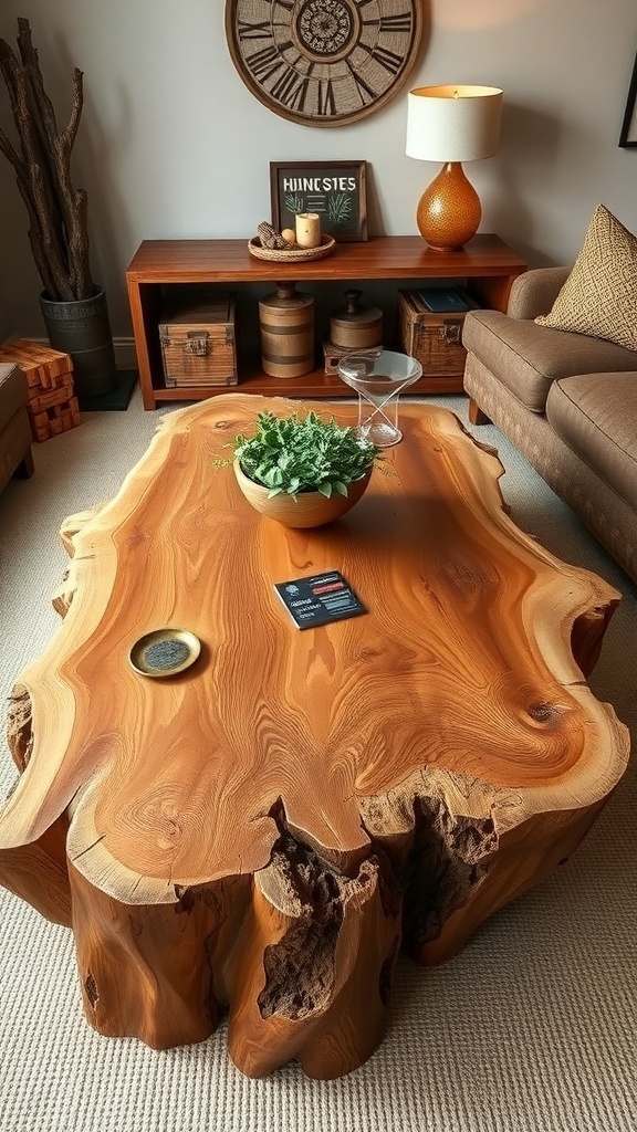 A rustic live edge coffee table with a natural wood finish, featuring a plant and decorative items on top.