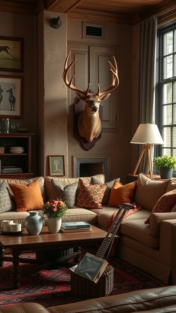A cozy living room in a farmhouse style featuring a deer mount on the wall.