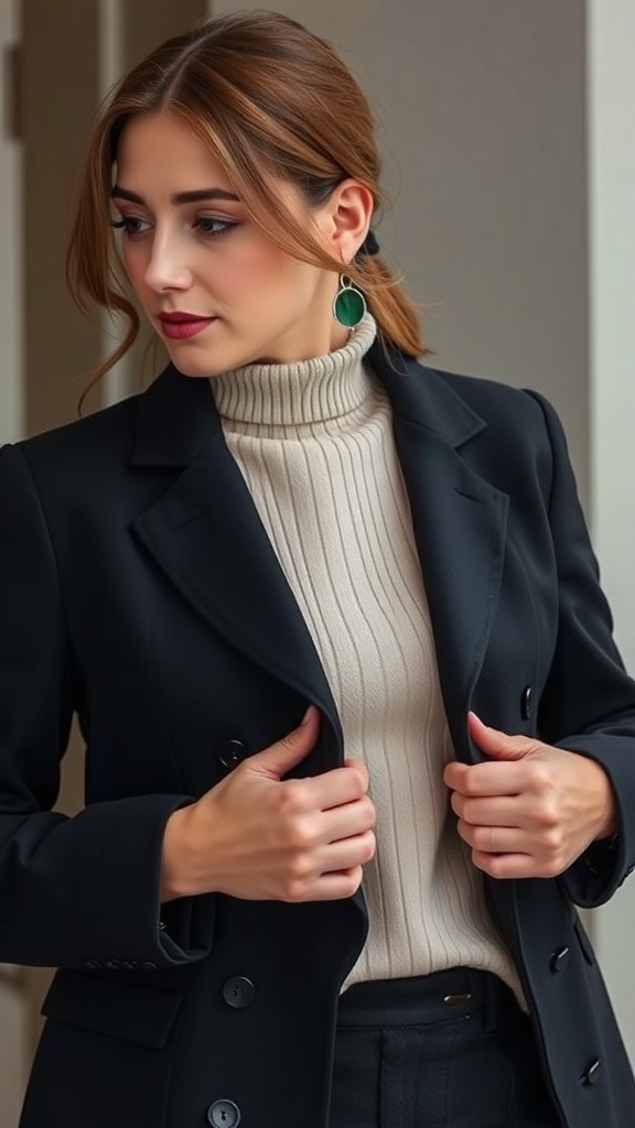 A woman in a tailored black blazer and a cream turtleneck, showcasing a polished business casual look.