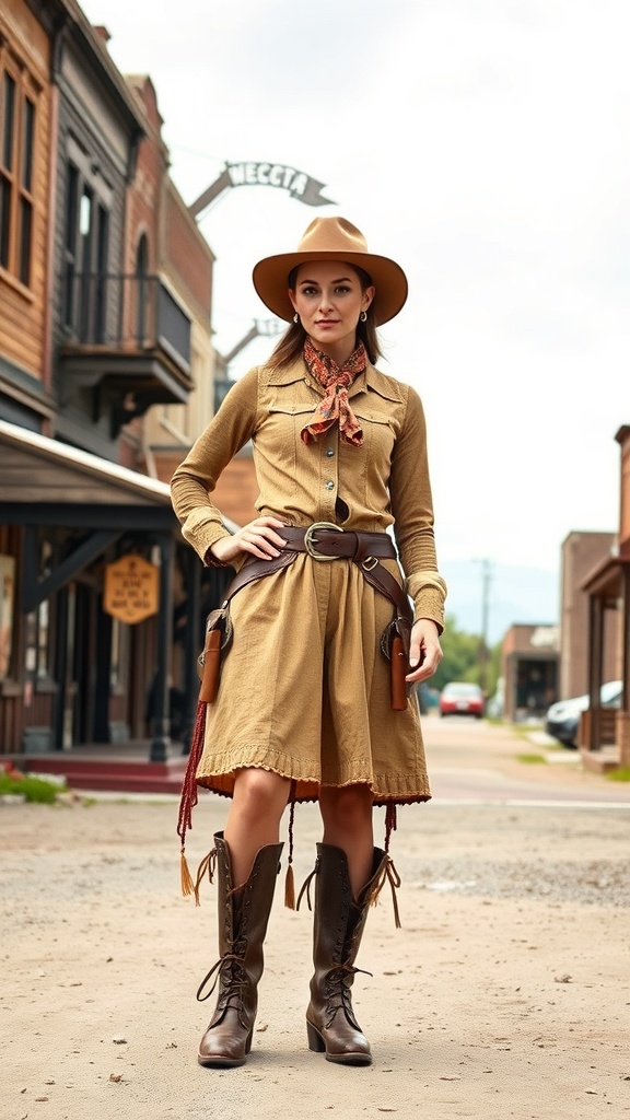 A woman in a western chic outfit, featuring a button-up shirt, skirt, knee-high boots, and a wide-brimmed hat, standing in a western-style town.