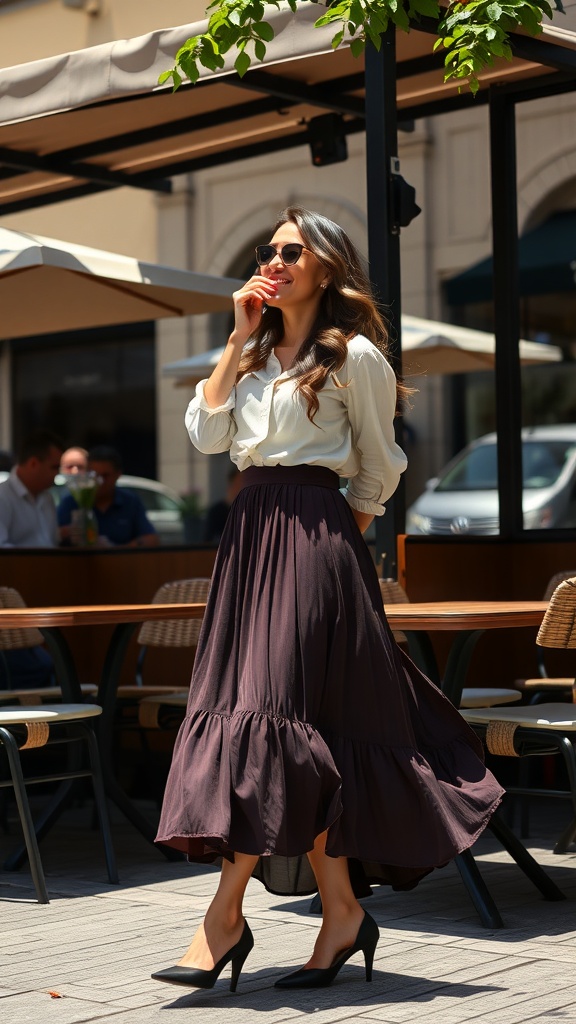 A woman in a flowing midi skirt and blouse, enjoying a sunny day outdoors.