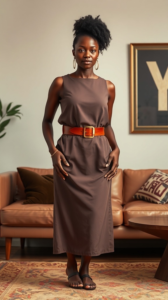A black woman in a brown dress with an orange statement belt, standing confidently in a stylish living room.