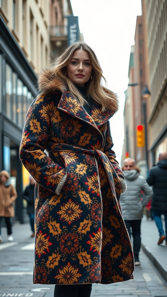 A woman wearing a vibrant floral statement coat in a city street during winter.