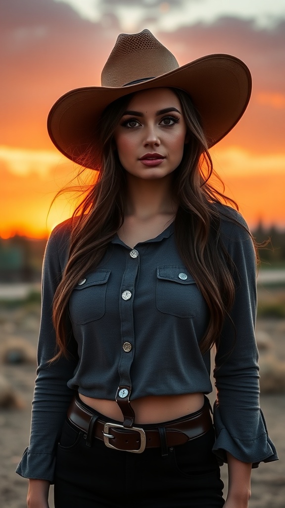 A woman wearing a wide-brimmed hat and a fitted top, standing against a sunset background.