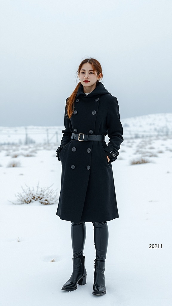 A woman in a black winter coat and leggings stands in the snow, showcasing a monochrome winter outfit.