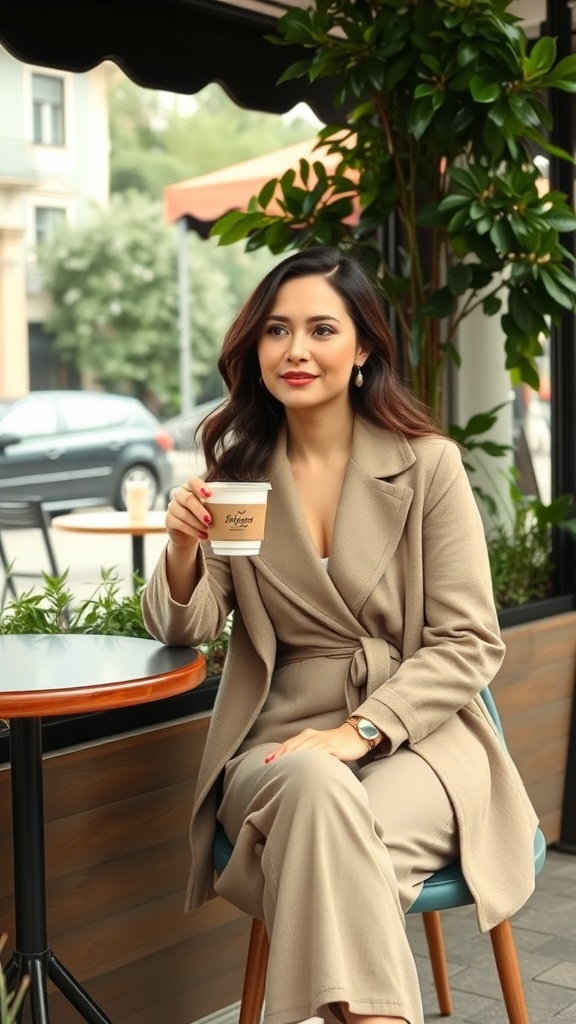 A woman in a beige outfit sitting in a café, holding a coffee cup.