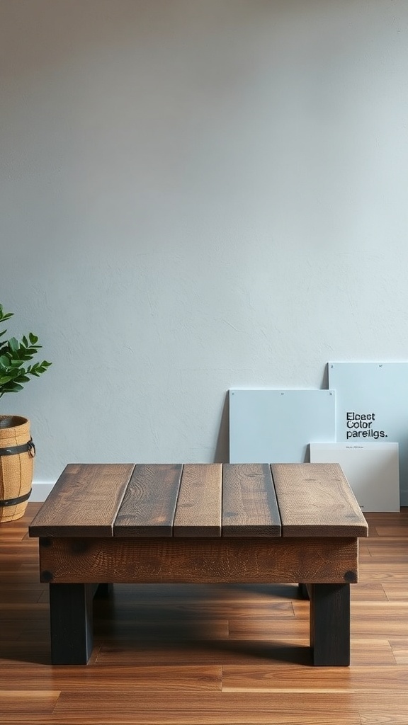 A rustic wooden coffee table with a simple design, placed in a bright room with a plant and color samples.