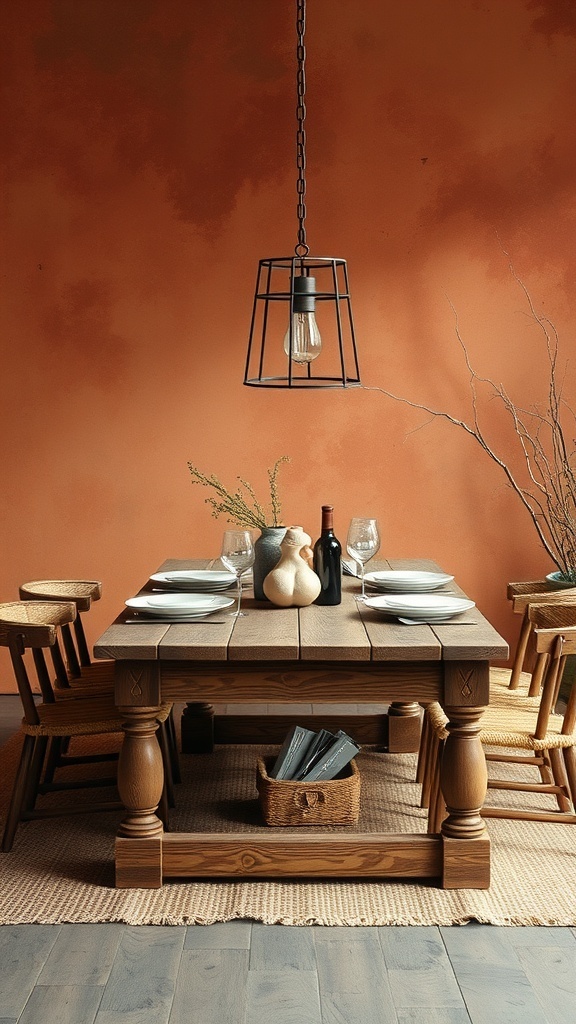 A rustic dining table set with plates and glasses, surrounded by wooden chairs against an orange wall.