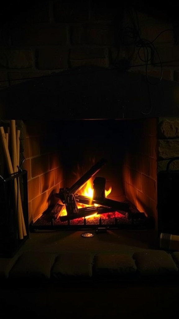 A rustic farmhouse fireplace with glowing flames and logs.