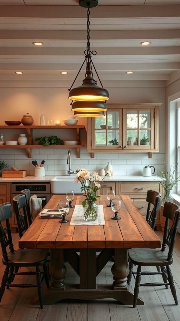 A farmhouse kitchen with a wooden table, pendant lighting, and a cozy atmosphere.