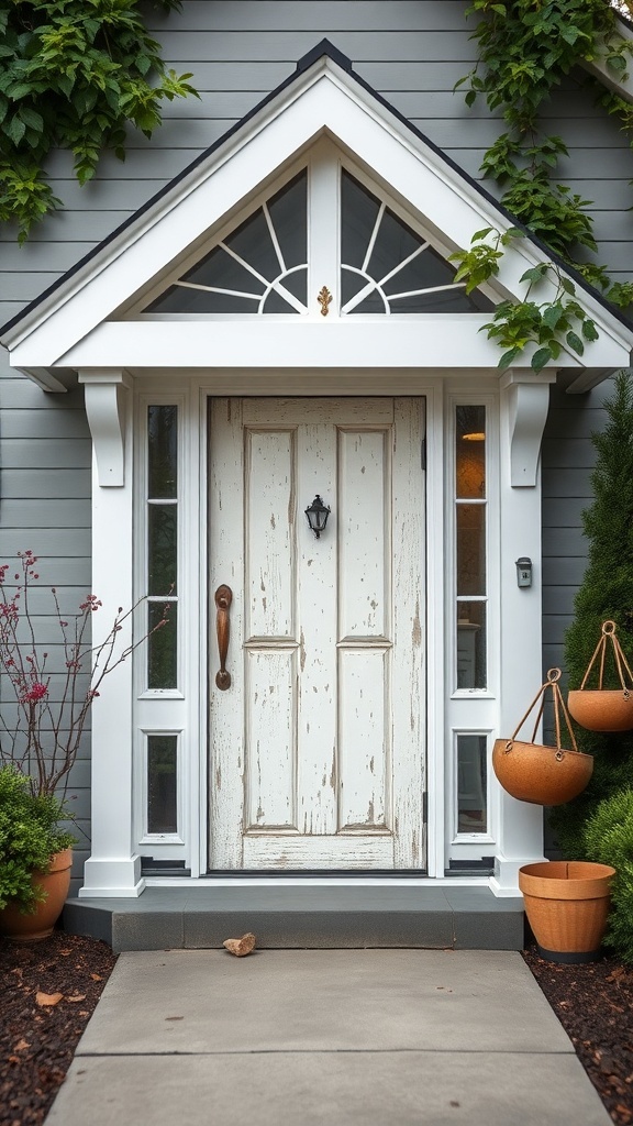 A rustic white door with a weathered look, framed by greenery and decorative pots.
