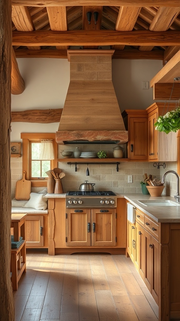 Rustic kitchen with wooden cabinets and natural textures.