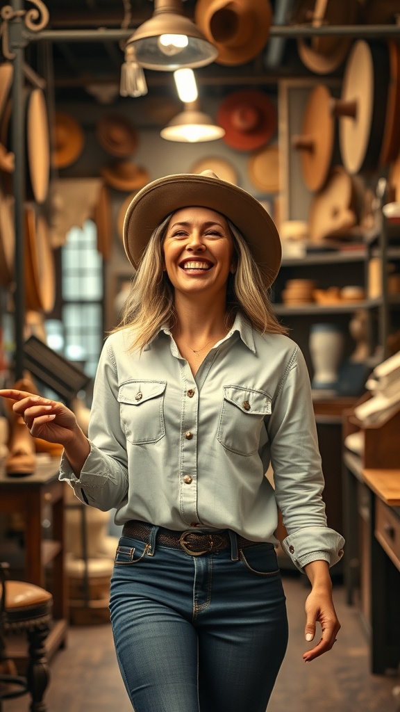 A woman holding a vintage plaid shirt in a store filled with western-themed items.