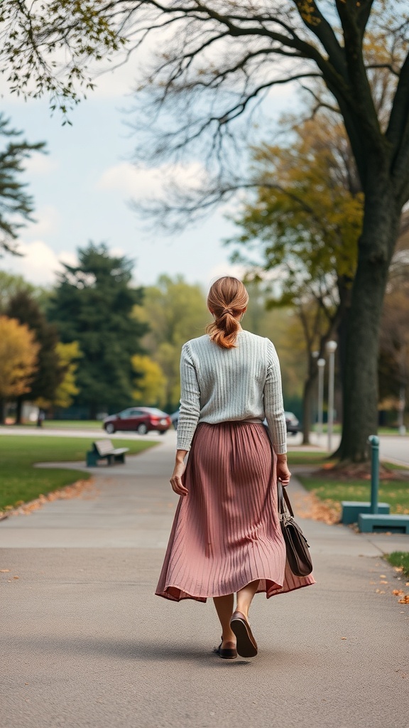 A woman walking in a park wearing a pleated midi skirt and a sweater, showcasing a fall business casual outfit.