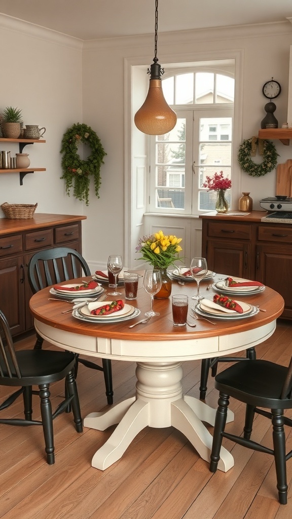 A round farmhouse kitchen table set for a meal with black chairs and decorative elements.