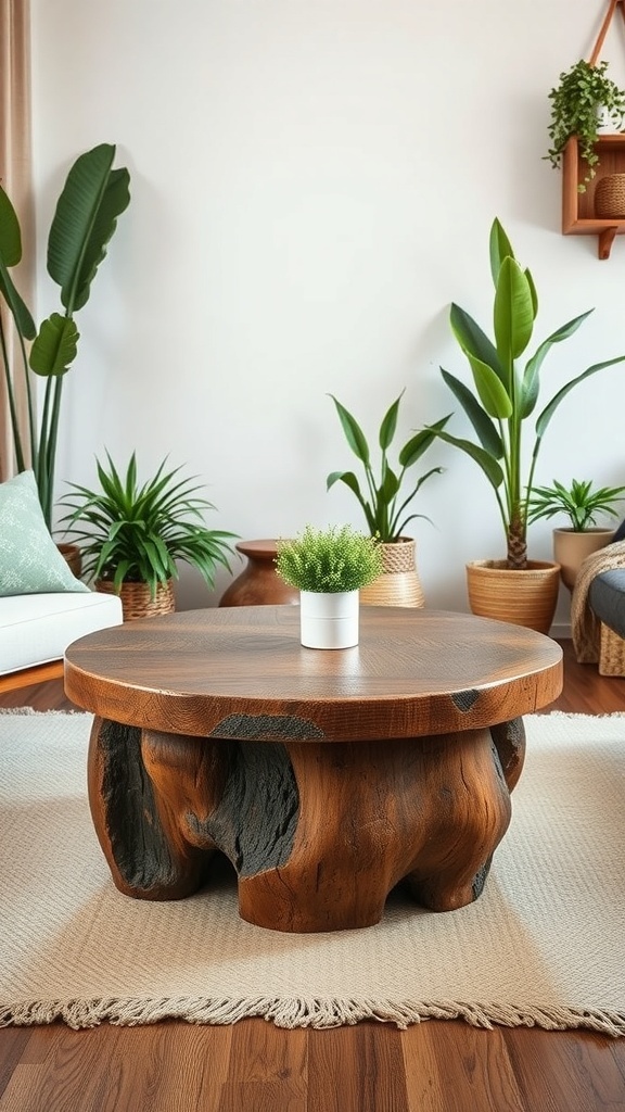 A round rustic coffee table made of wood, featuring a simple design with a small plant on top, surrounded by indoor plants.