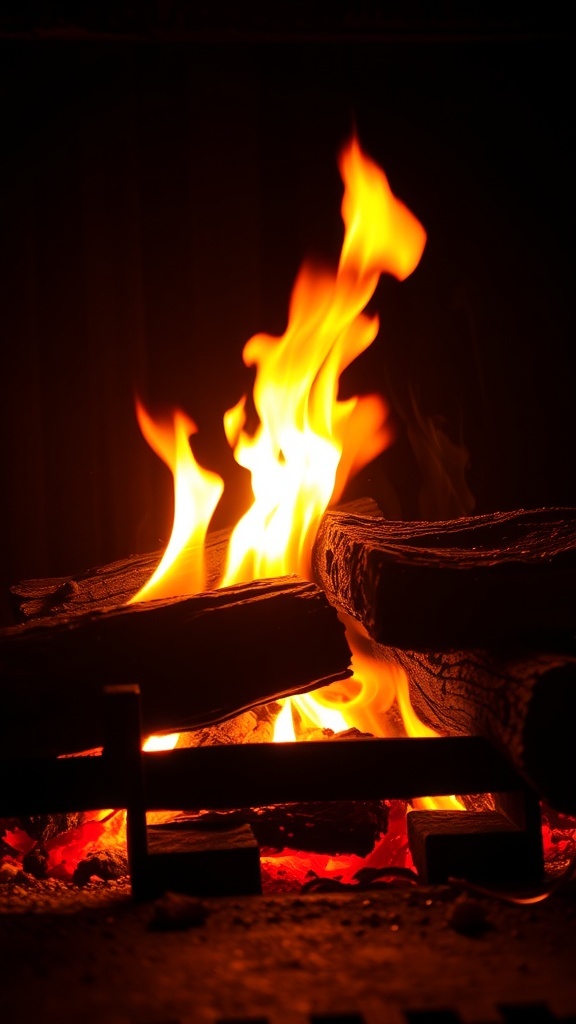 A close-up of a wood-burning fireplace with flames and logs