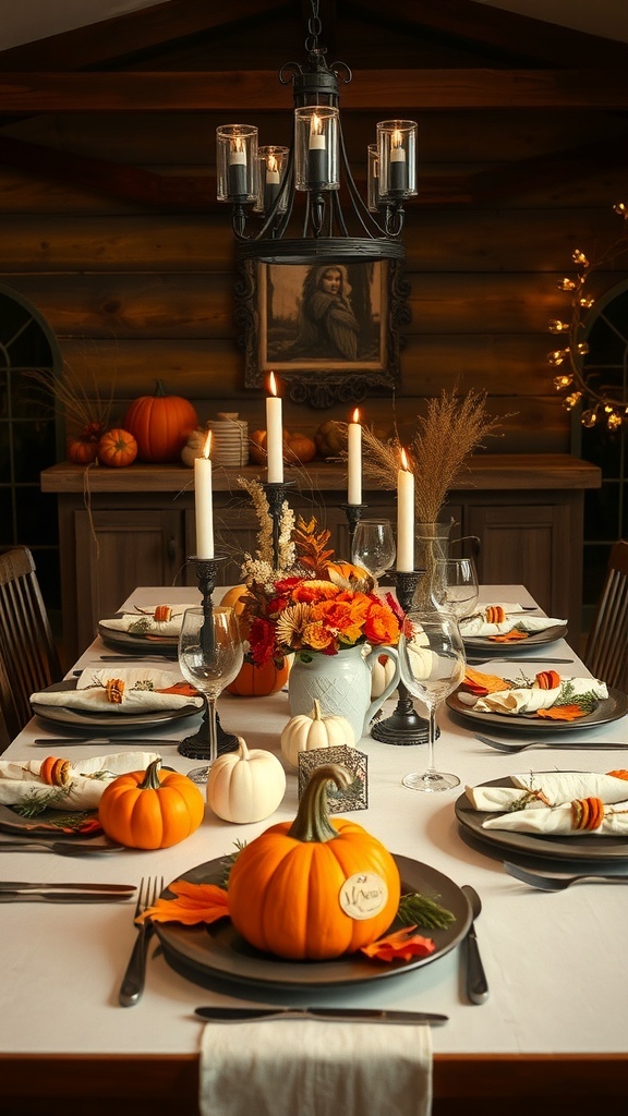 Thanksgiving table setting with pumpkins, flowers, and candles