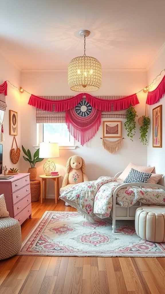 A cozy teen girl's bedroom with pink accents, a teddy bear, and decorative wall art.