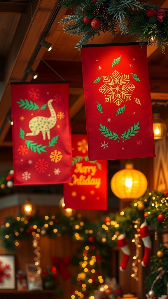 Colorful ceiling banners with holiday messages and decorations