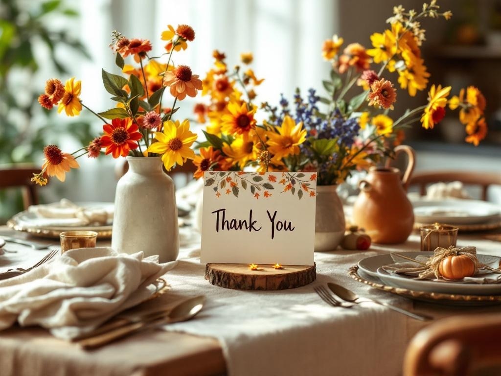Thanksgiving table centerpiece with flowers, a thank you sign, and decorative items