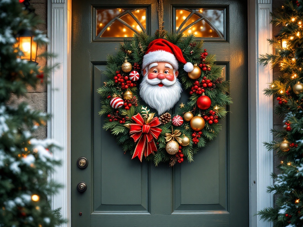 A festive Christmas wreath featuring a cheerful Santa face, decorated with ornaments and a red bow.