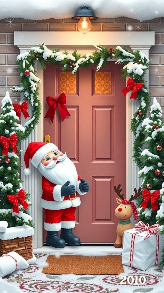 Christmas door decoration featuring Santa and a reindeer figurine.