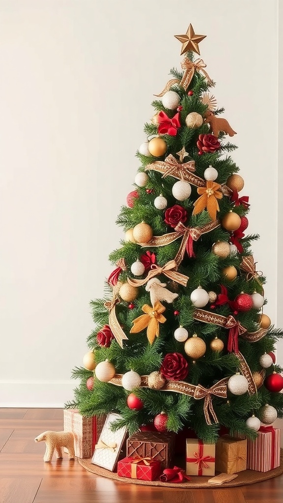 A beautifully decorated Christmas tree with red and gold ornaments, ribbons, and gifts underneath.