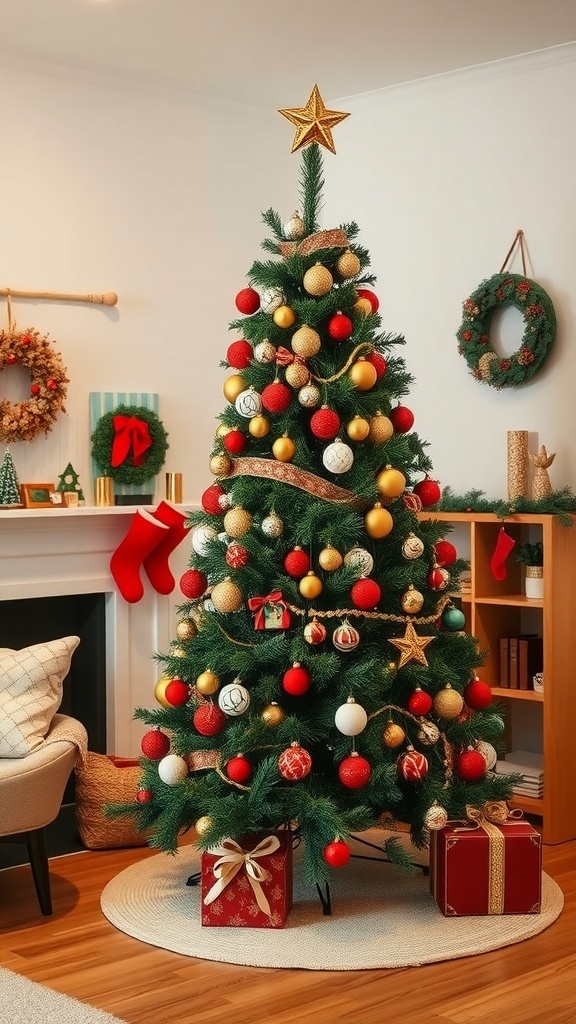 A beautifully decorated Christmas tree with red and gold ornaments, a star on top, and presents underneath.