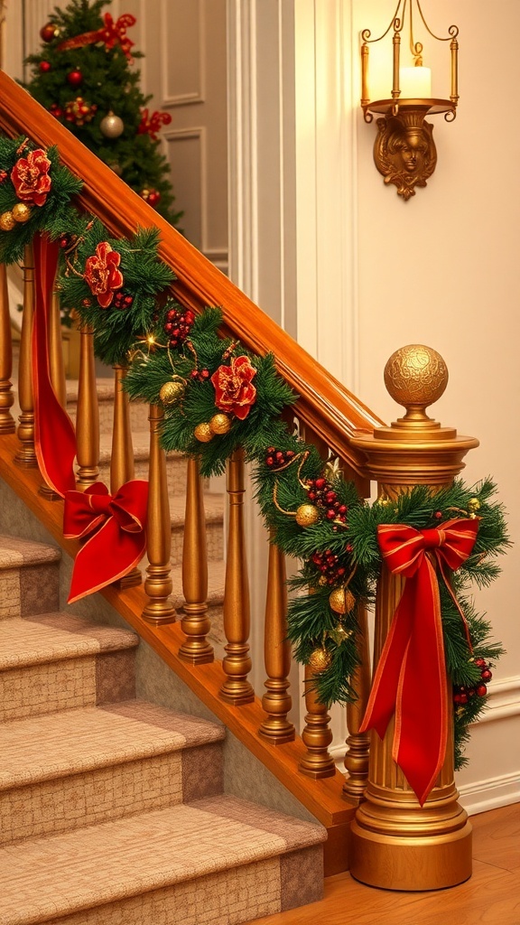 A decorated banister with red and gold theme, featuring greenery, ornaments, and bows.