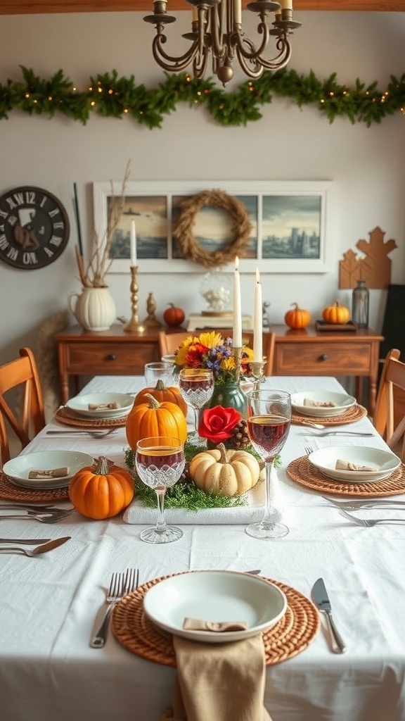 Modern Thanksgiving table with pumpkins, flowers, and elegant tableware.