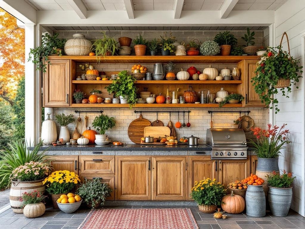 A cozy outdoor kitchen with wooden cabinets filled with pumpkins and fruits, surrounded by plants.