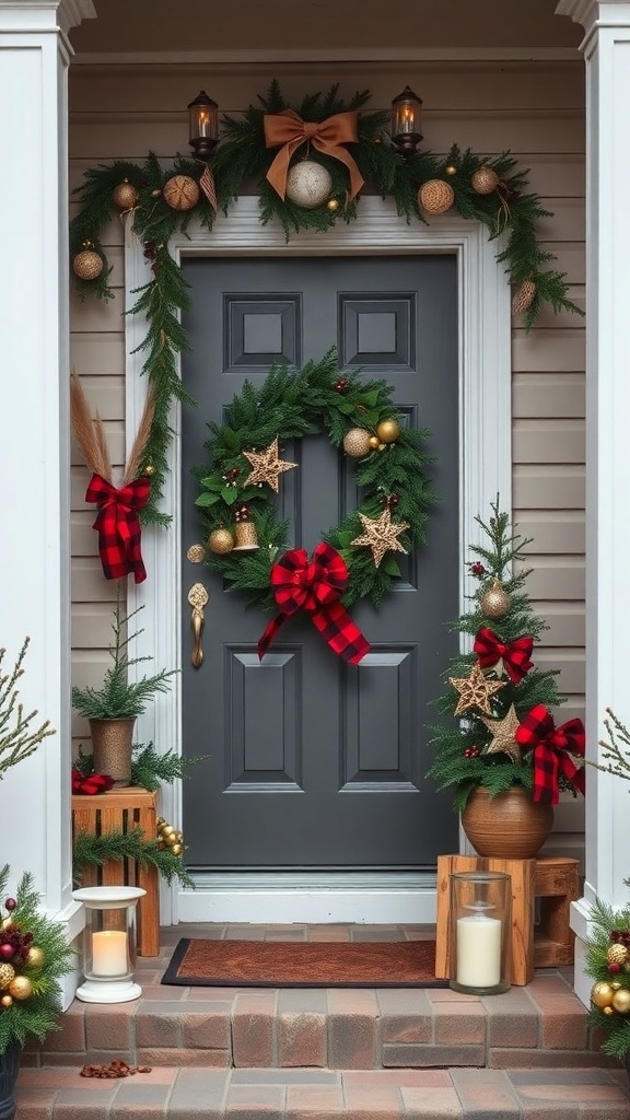 A beautifully decorated Christmas front door with a wreath, garland, and festive ornaments.