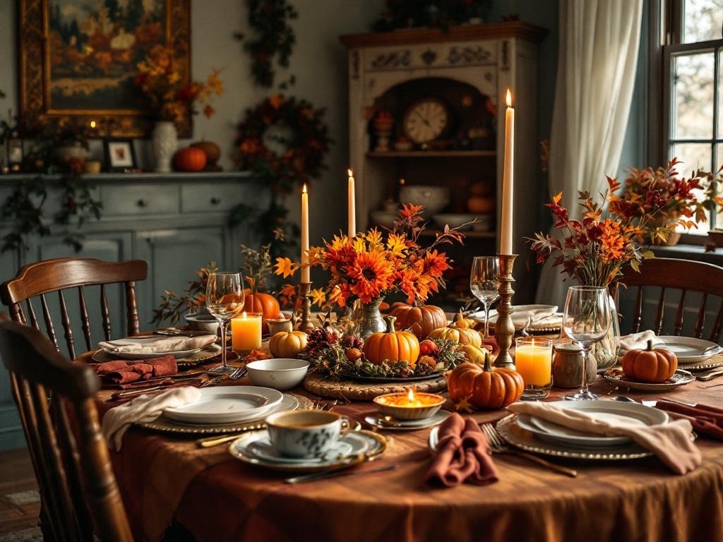 A beautifully set Thanksgiving dining table with pumpkins, candles, and autumn decorations.