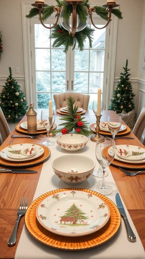 Christmas dining table with themed dinnerware and festive decor