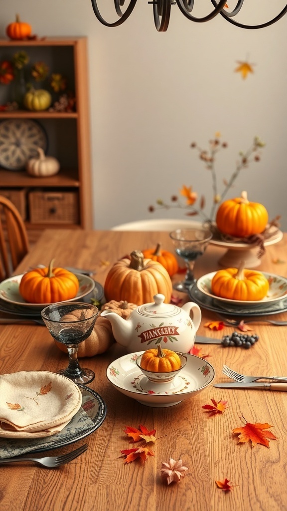 Thanksgiving table setup with themed dinnerware, pumpkins, and autumn leaves.