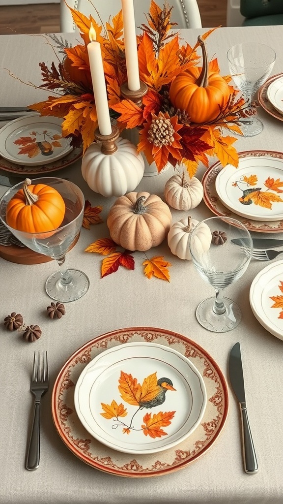Thanksgiving dinner table with themed dinnerware featuring autumn leaves and a bird design, surrounded by pumpkins and fall decorations.