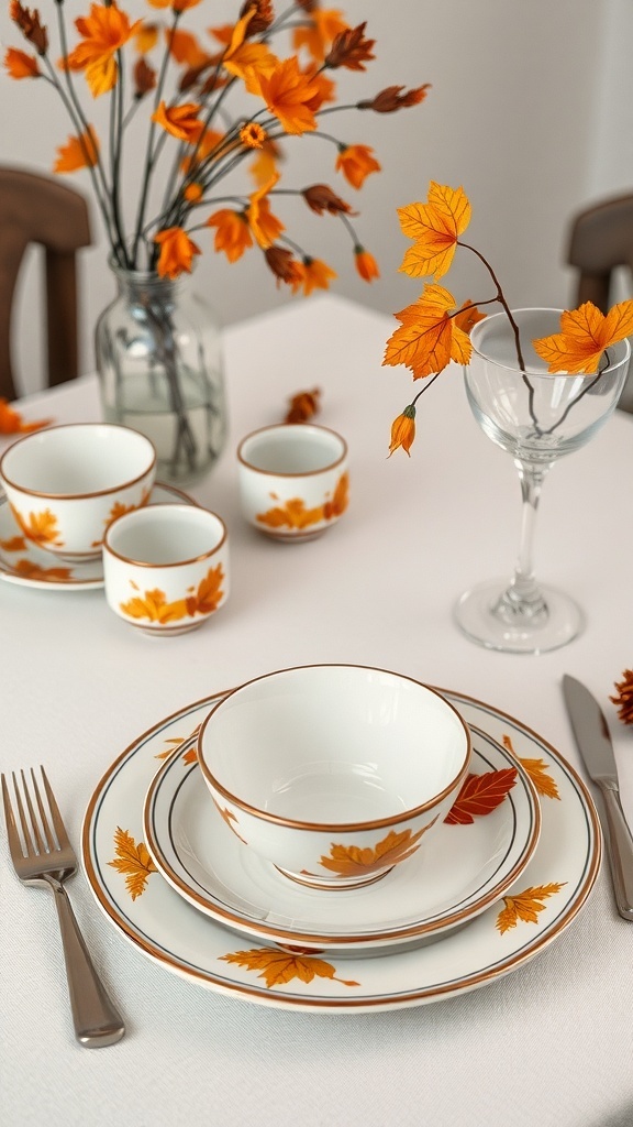 A fall-themed dinnerware set featuring plates, bowls, and cups with autumn leaf designs, complemented by a vase of faux autumn leaves.
