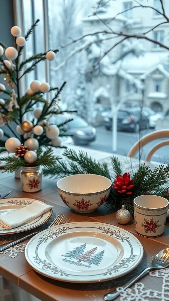 A beautifully set winter-themed dining table with decorative plates, bowls, and festive accents.