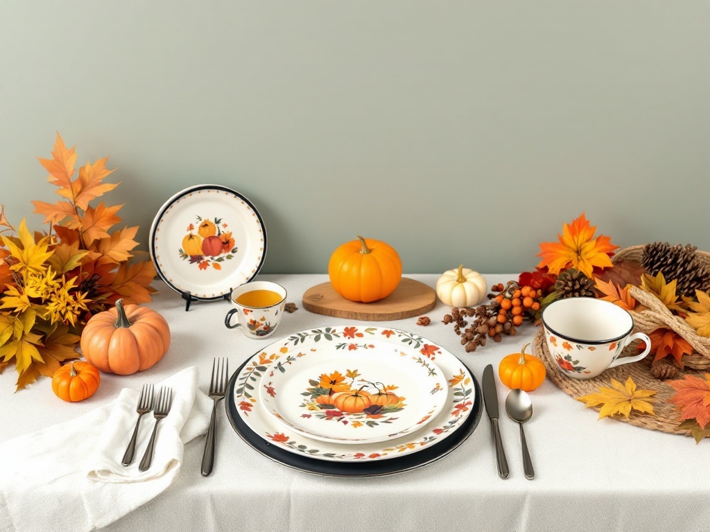 Thanksgiving place setting with themed dinnerware featuring pumpkins and autumn leaves.