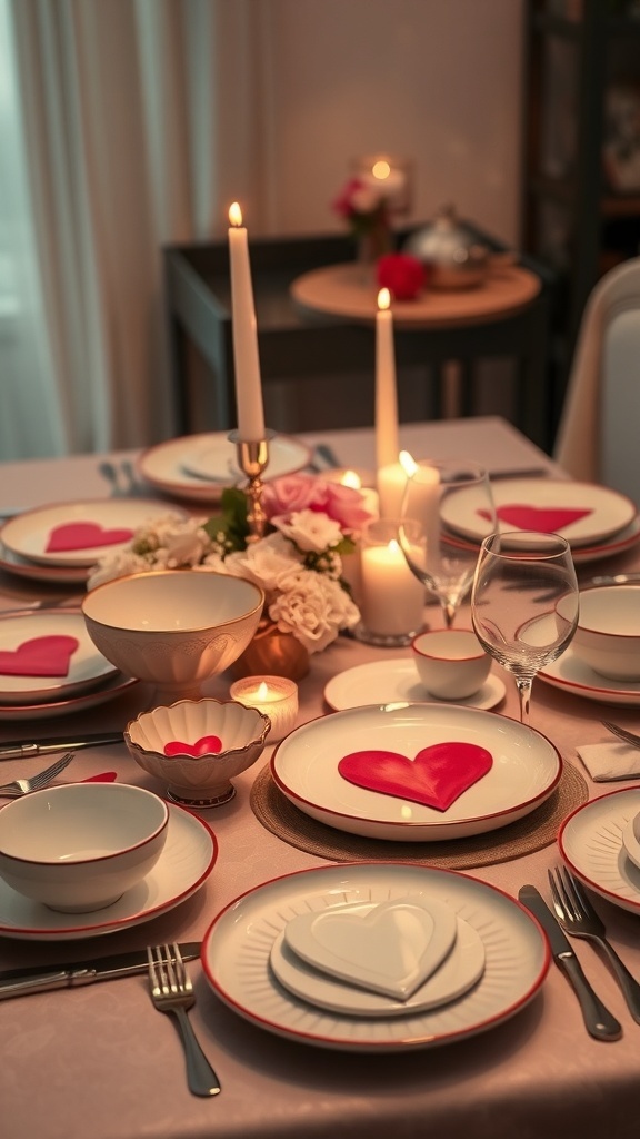 A beautifully set dining table for Valentine's Day featuring heart-themed dinnerware and floral decorations.
