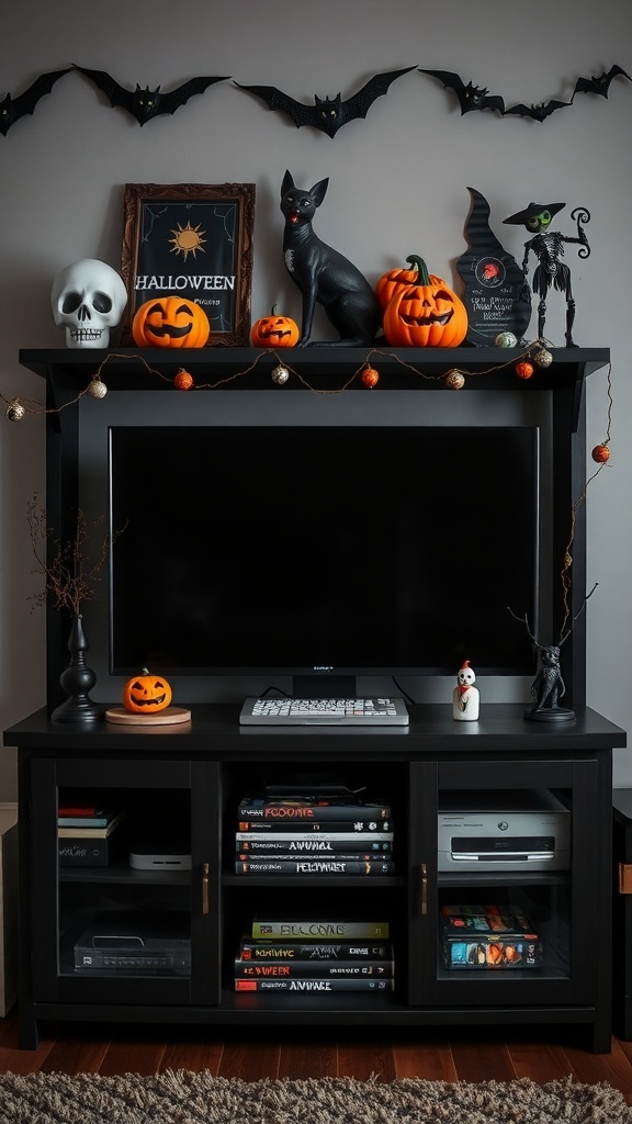 Halloween themed entertainment center with pumpkins, skull, black cat, and bat decorations