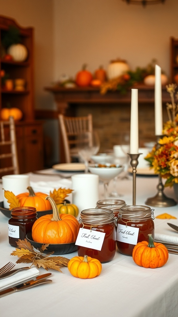 A fall-themed table setting featuring pumpkins, jars of preserves, and candles.