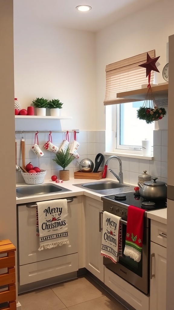A small kitchen decorated for Christmas with festive towels and decorations.