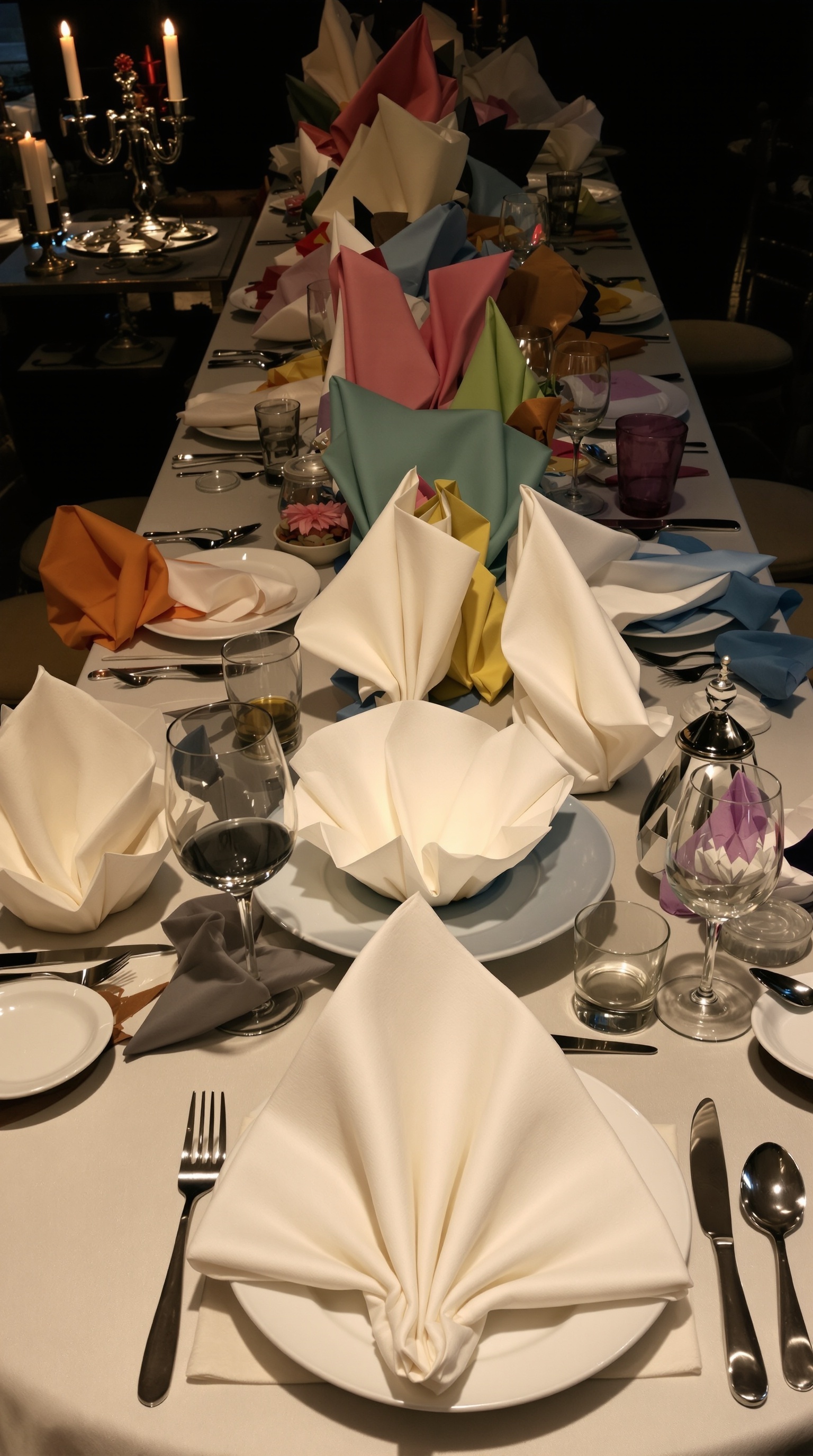 A beautifully arranged Thanksgiving dining table with various themed napkin folds.