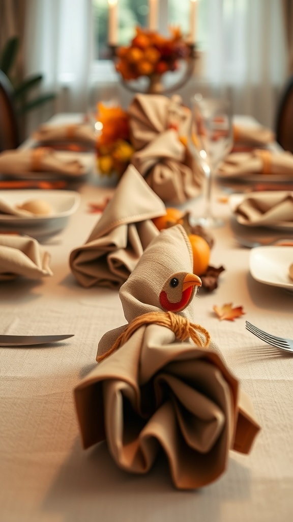 Thanksgiving table with themed turkey napkin folds and autumn decorations