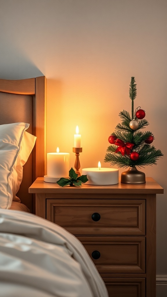 A cozy nightstand decorated for Christmas with a small tree, candles, and greenery.